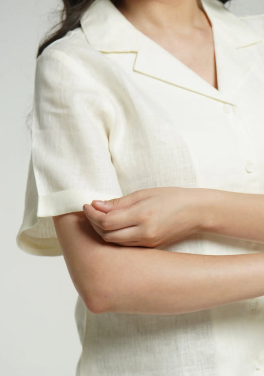 Women Cream Pure Linen Notch Collar Shirt