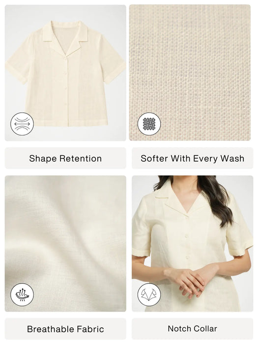Women Cream Pure Linen Notch Collar Shirt