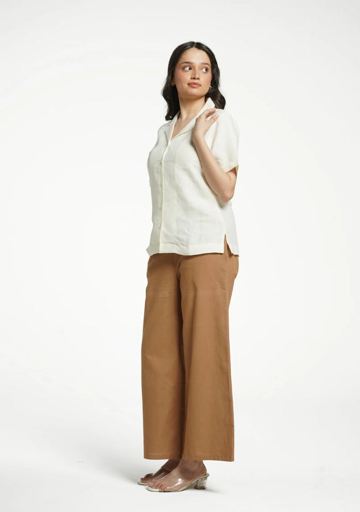 Women Cream Pure Linen Notch Collar Shirt