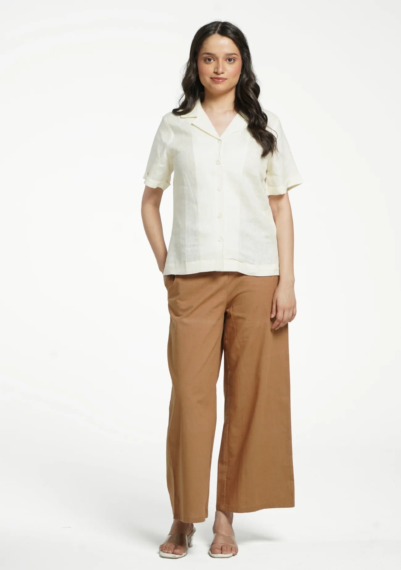 Women Cream Pure Linen Notch Collar Shirt