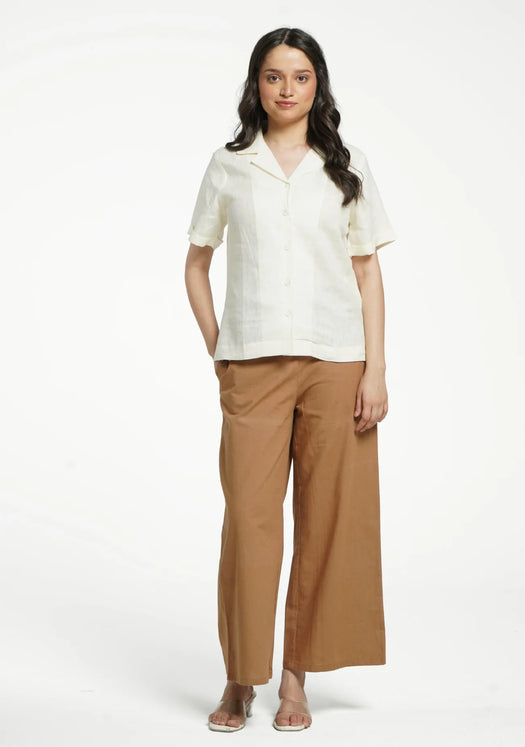Women Cream Pure Linen Notch Collar Shirt