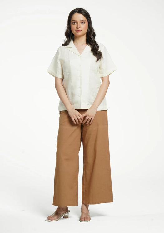 Women Cream Pure Linen Notch Collar Shirt