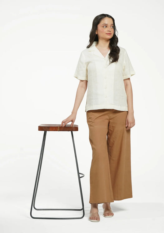 Women Cream Pure Linen Notch Collar Shirt