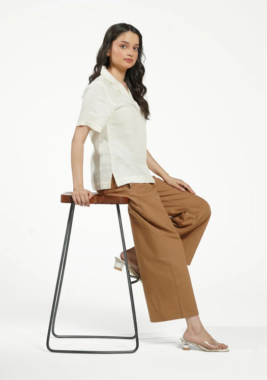 Women Cream Pure Linen Notch Collar Shirt