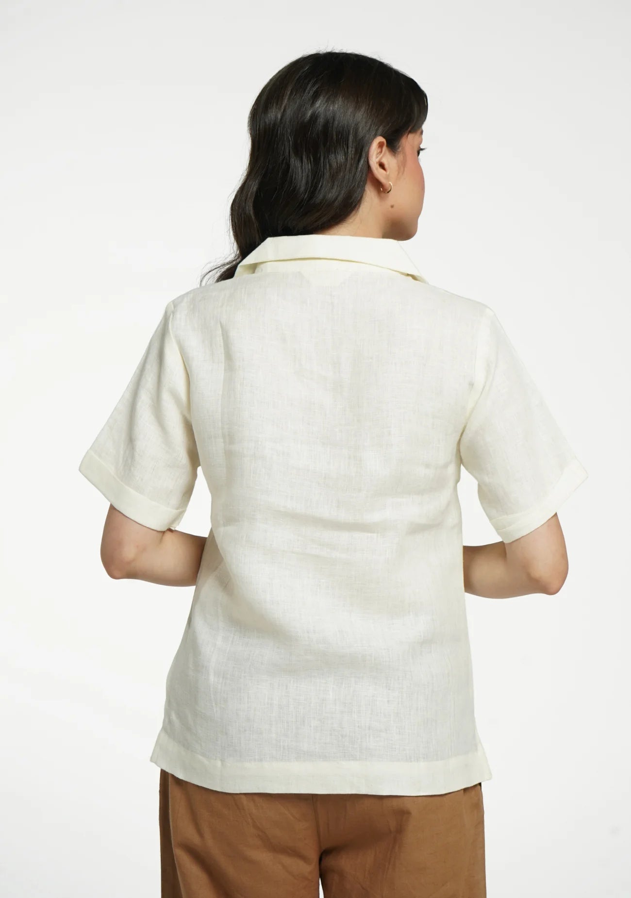 Women Cream Pure Linen Notch Collar Shirt