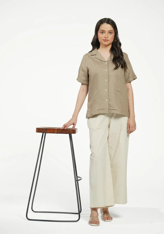 Women Khakhi Pure Linen Notch Collar Shirt