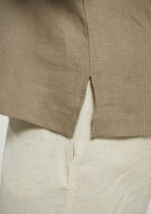 Women Khakhi Pure Linen Notch Collar Shirt