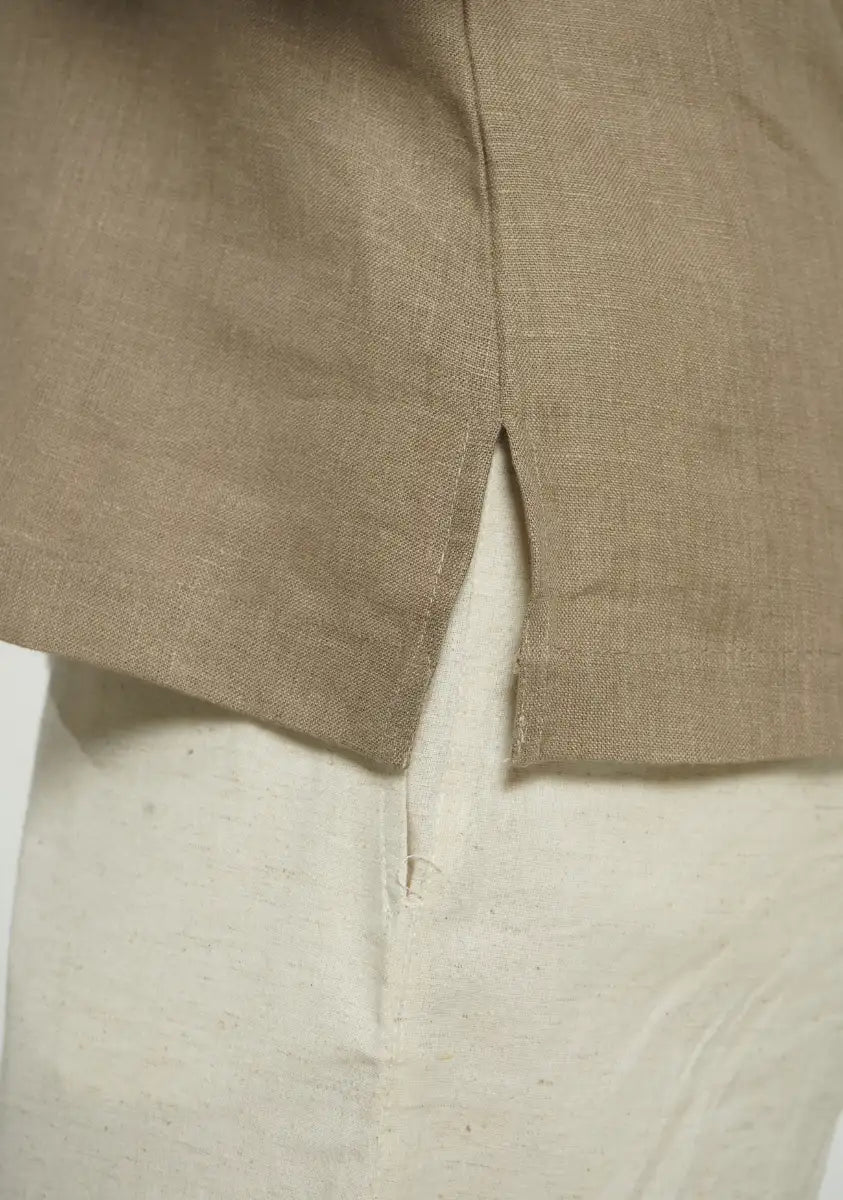 Women Khakhi Pure Linen Notch Collar Shirt