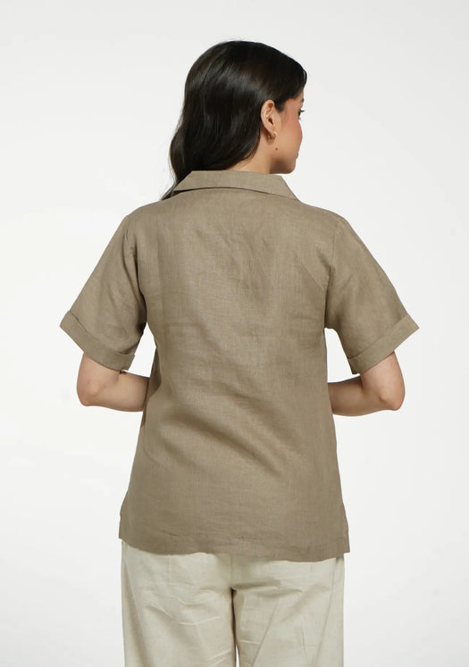 Women Khakhi Pure Linen Notch Collar Shirt