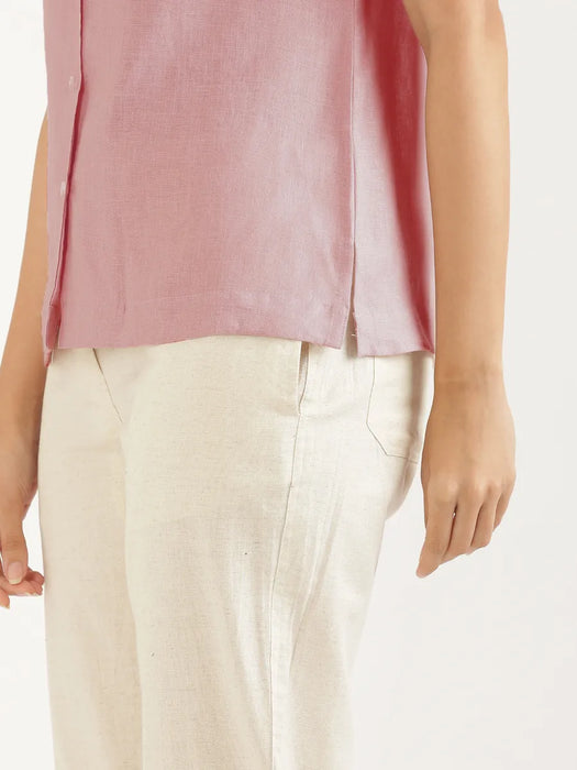 Women Rose Taupe Pure Linen Notch Collar Shirt