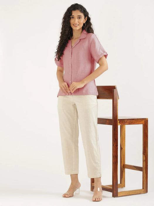 Women Rose Taupe Pure Linen Notch Collar Shirt