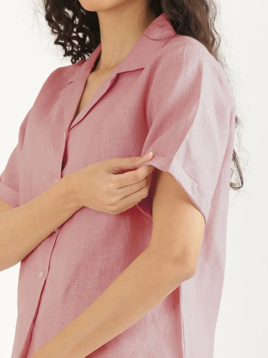 Women Rose Taupe Pure Linen Notch Collar Shirt