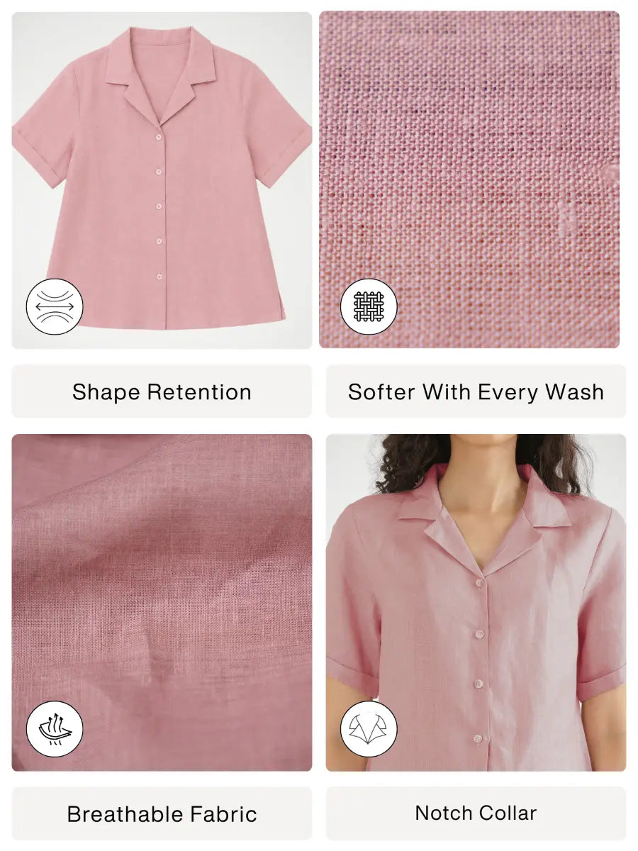 Women Rose Taupe Pure Linen Notch Collar Shirt