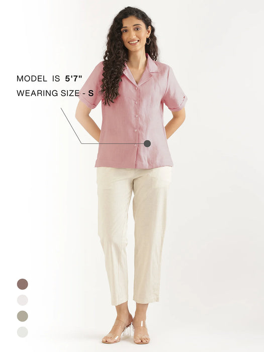 Women Rose Taupe Pure Linen Notch Collar Shirt