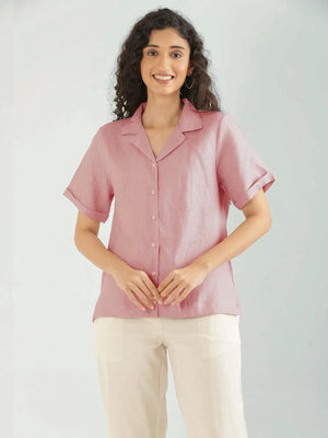 Women Rose Taupe Pure Linen Notch Collar Shirt