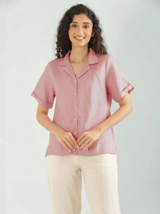Women Rose Taupe Pure Linen Notch Collar Shirt