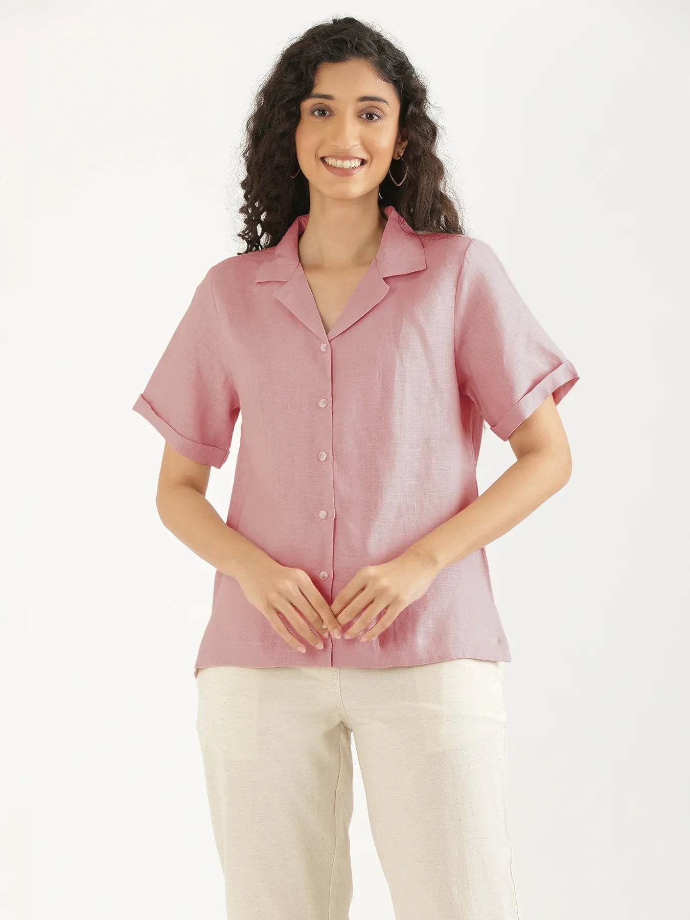 Women Rose Taupe Pure Linen Notch Collar Shirt