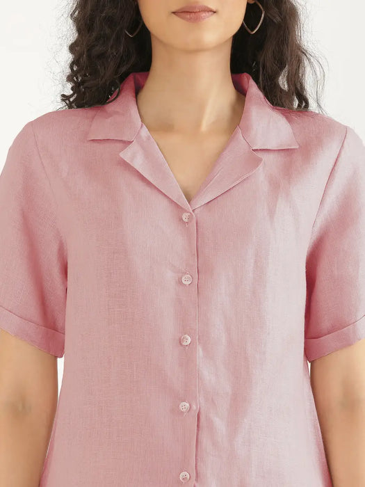 Women Rose Taupe Pure Linen Notch Collar Shirt
