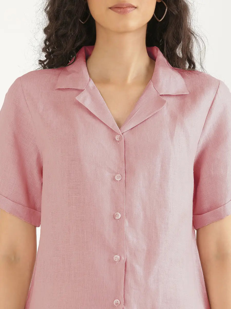 Women Rose Taupe Pure Linen Notch Collar Shirt