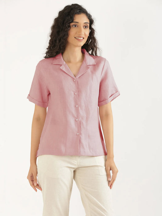 Women Rose Taupe Pure Linen Notch Collar Shirt
