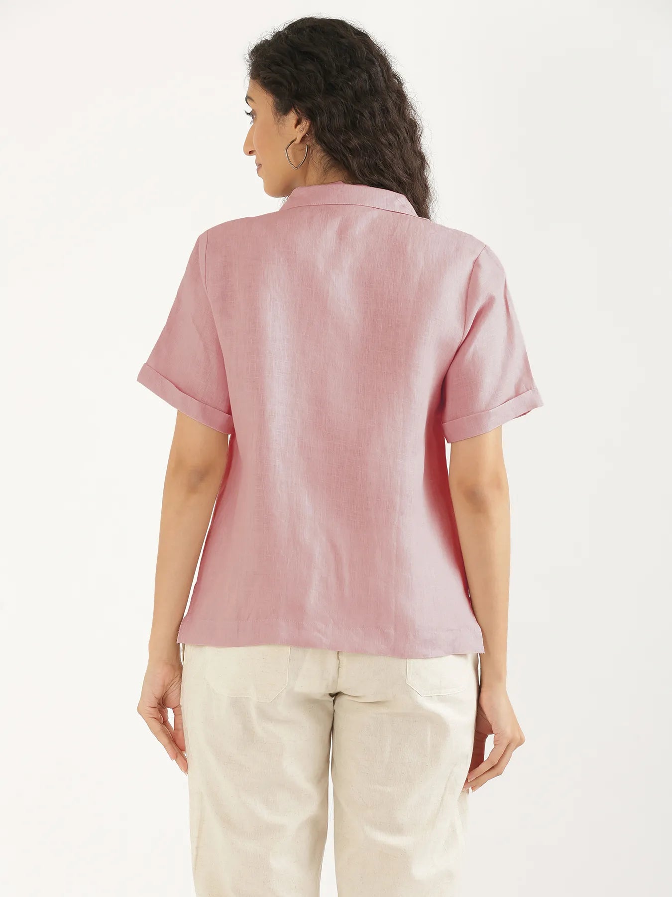 Women Rose Taupe Pure Linen Notch Collar Shirt
