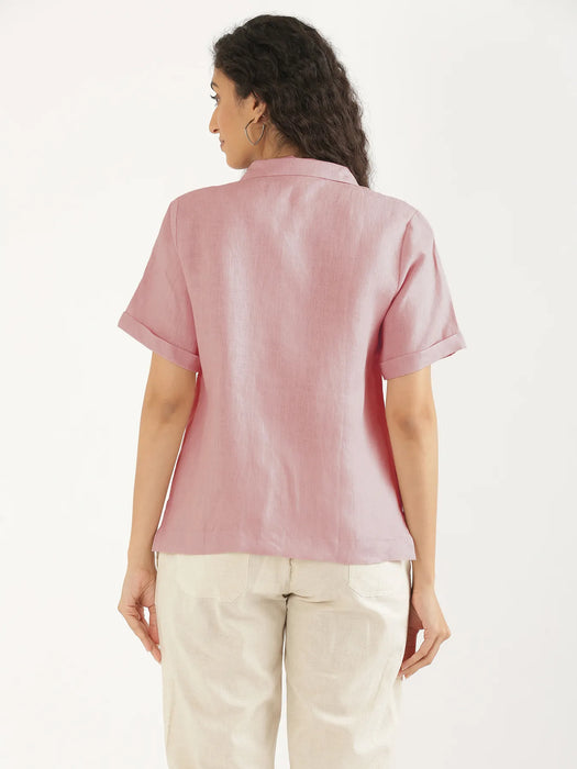 Women Rose Taupe Pure Linen Notch Collar Shirt