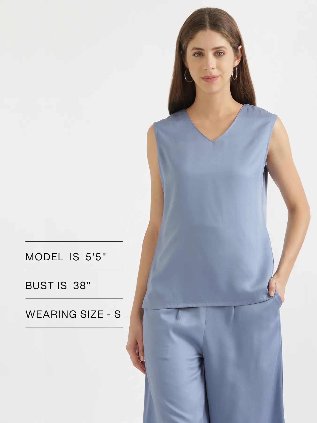 Women English Blue V-Neck Sleeveless Top