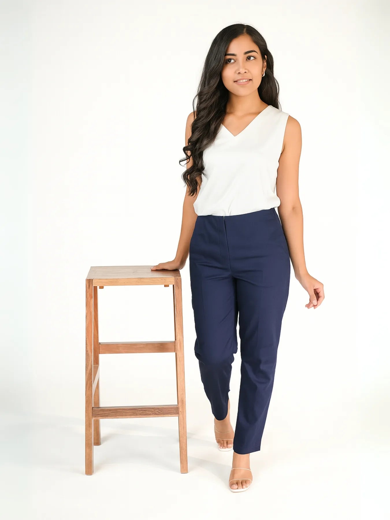 Women Navy Blue Straight Fit Formal Pants