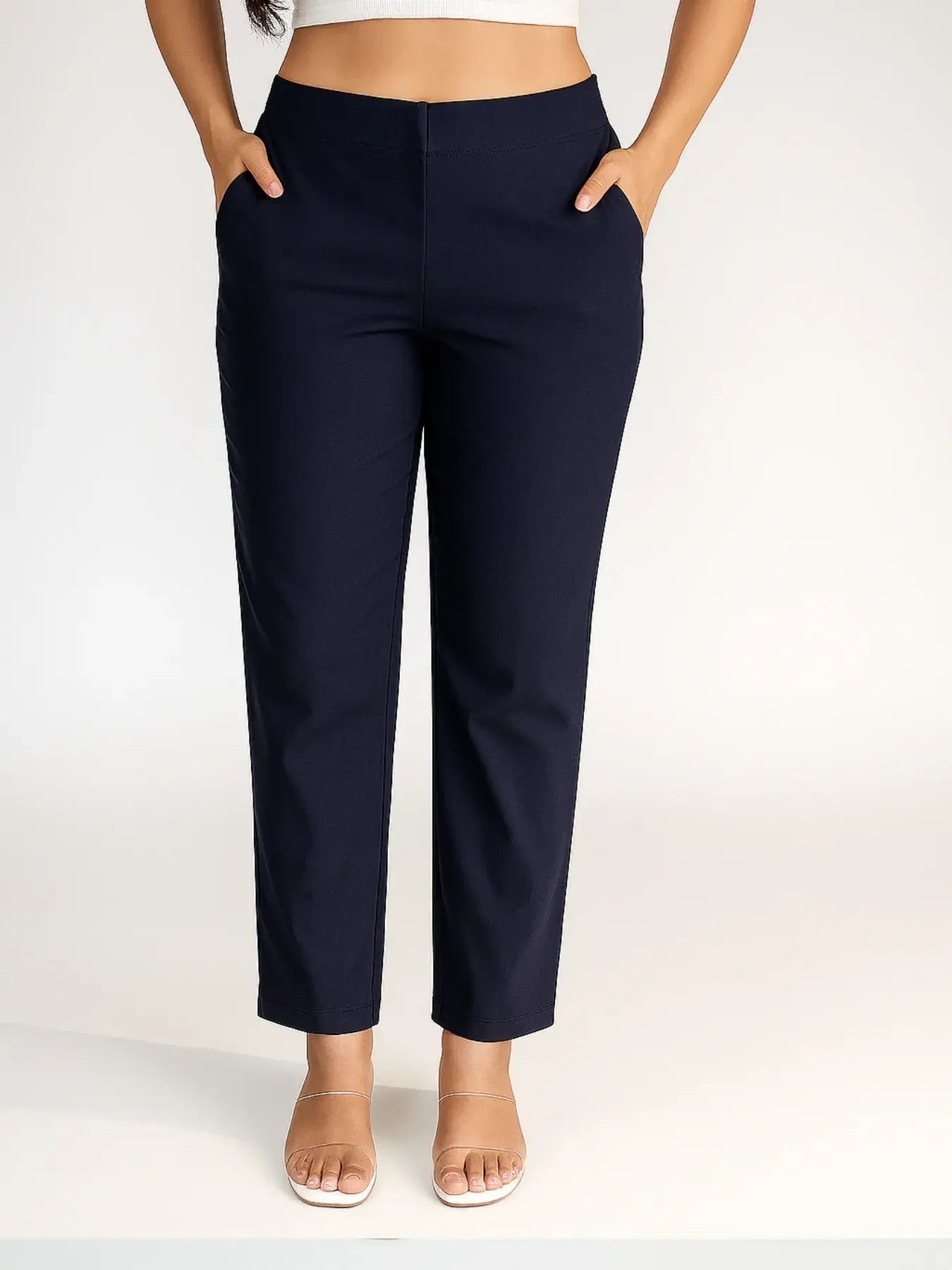 Women Navy Blue Straight Fit Formal Pants
