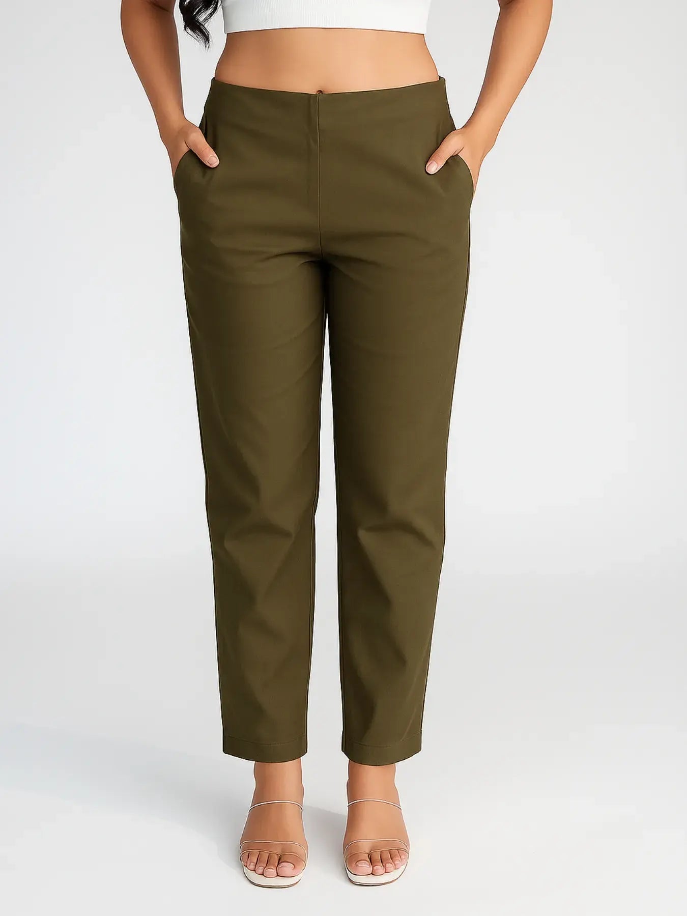 Women Olive Green Straight Fit Formal Pants