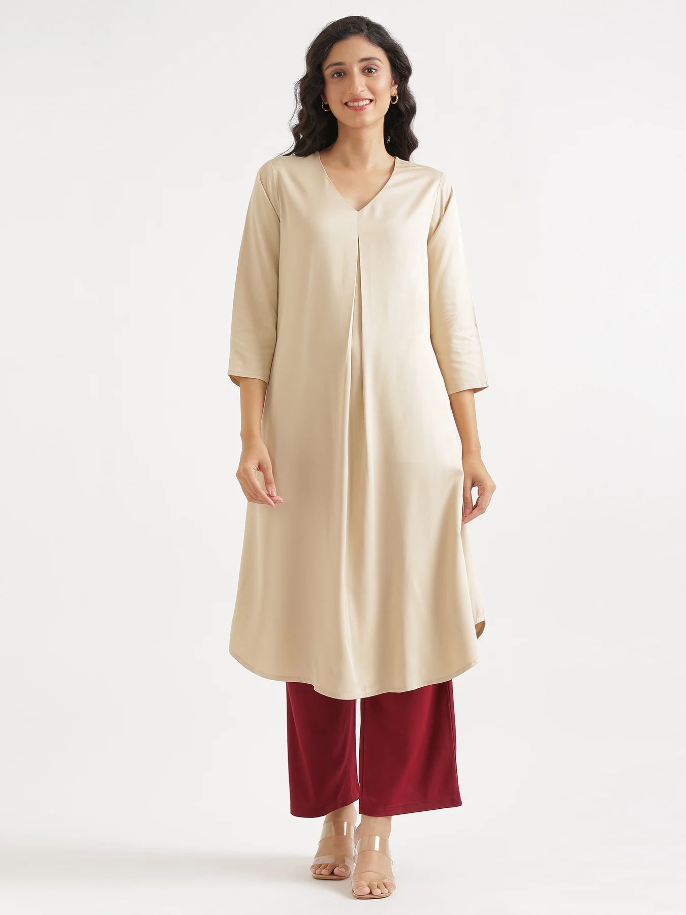 Women Beige Flowy Pleated Kurta