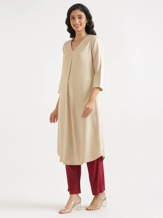Women Beige Flowy Pleated Kurta