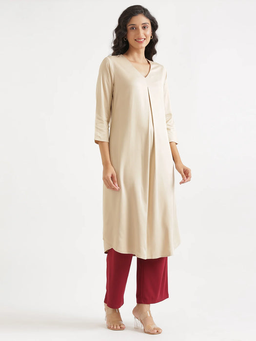 Women Beige Flowy Pleated Kurta