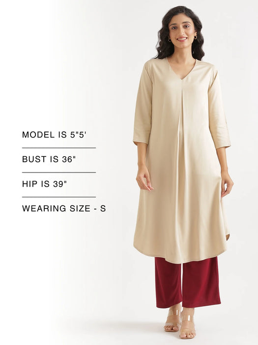 Women Beige Flowy Pleated Kurta
