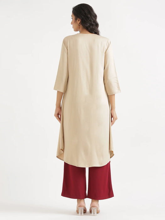 Women Beige Flowy Pleated Kurta