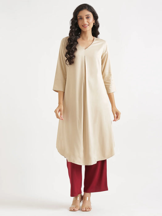 Women Beige Flowy Pleated Kurta