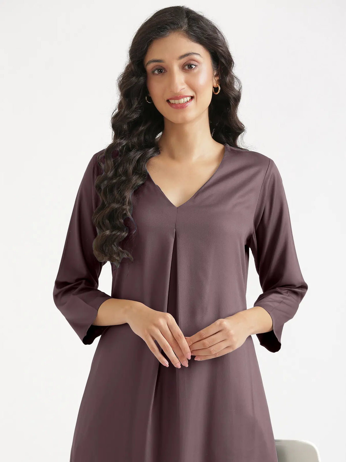 Women Brinjal Flowy Pleated Kurta