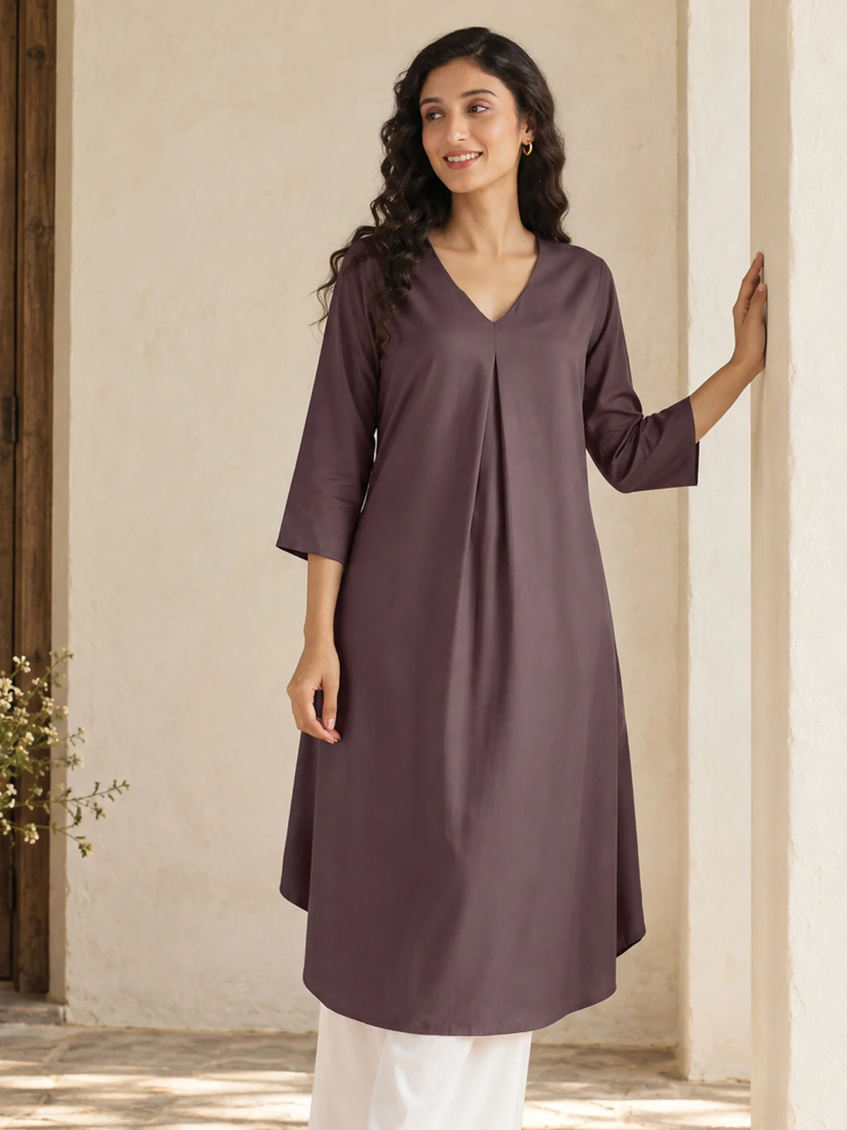 Women Brinjal Flowy Pleated Kurta