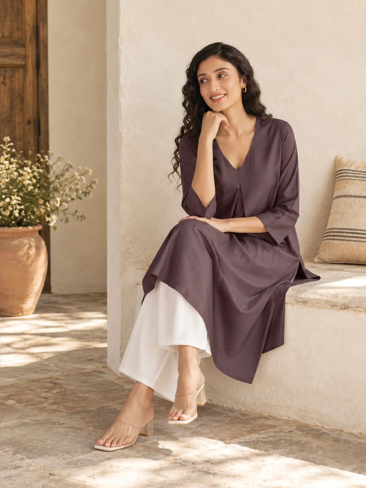 Women Brinjal Flowy Pleated Kurta