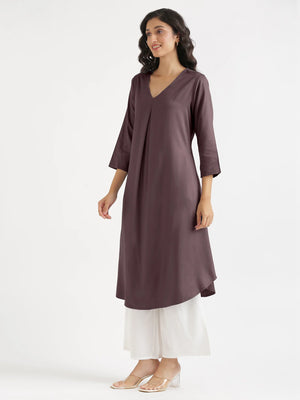 Women Brinjal Flowy Pleated Kurta