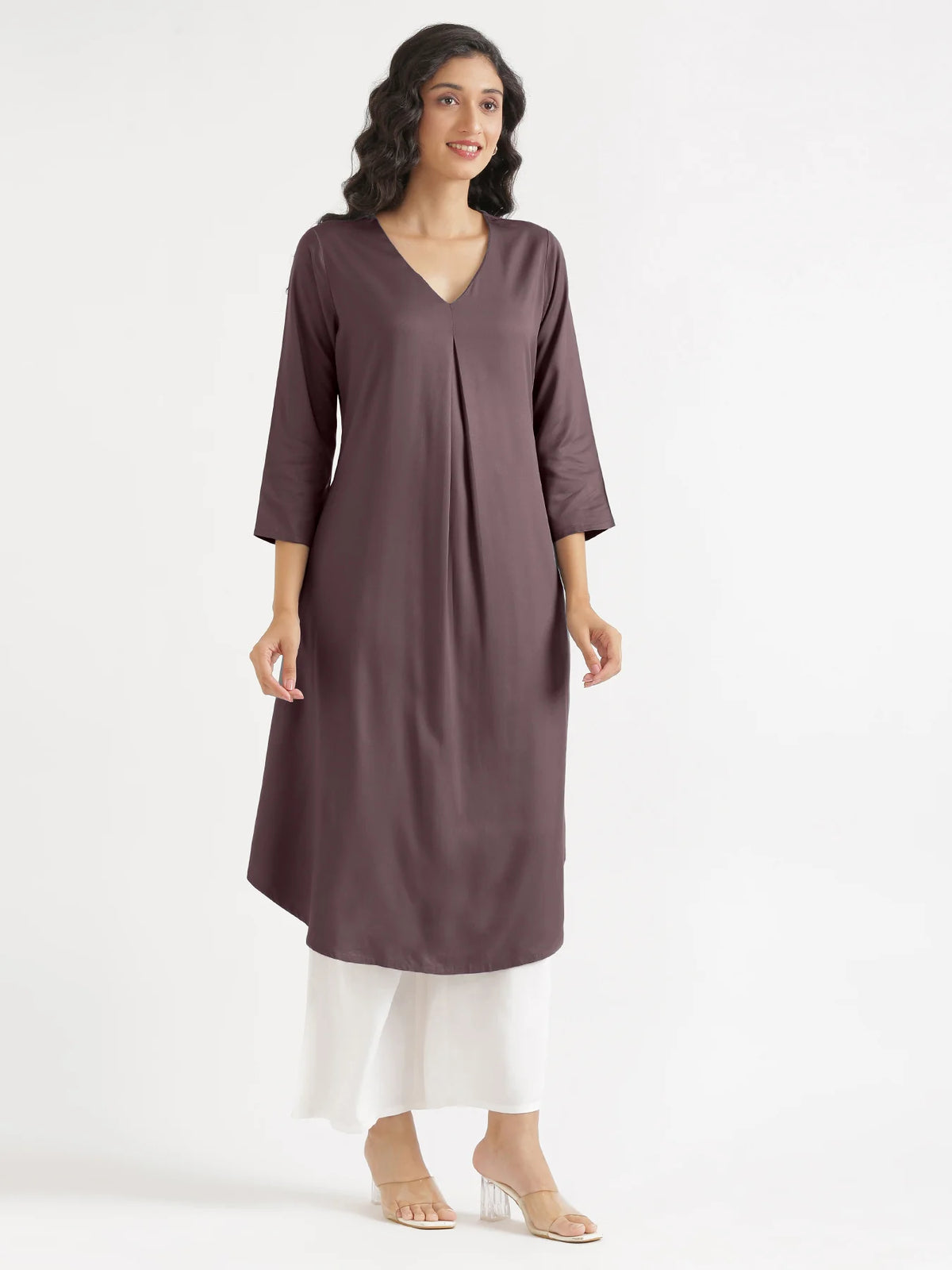 Women Brinjal Flowy Pleated Kurta