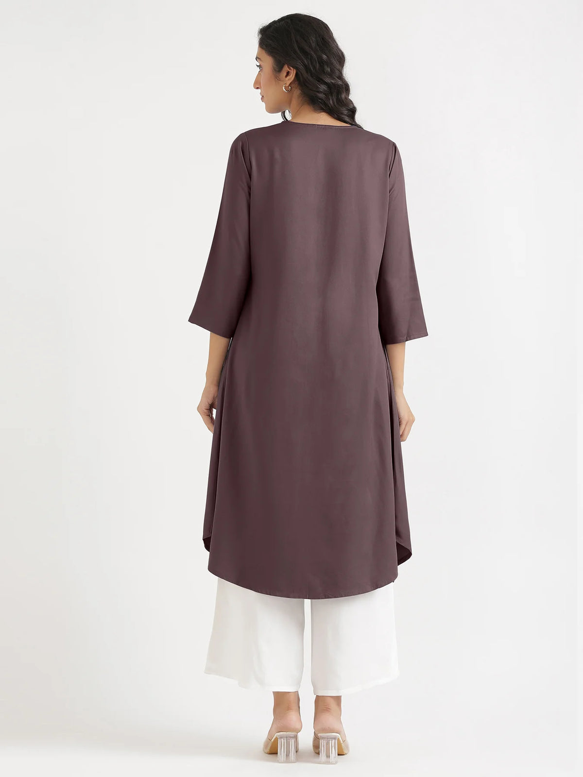 Women Brinjal Flowy Pleated Kurta