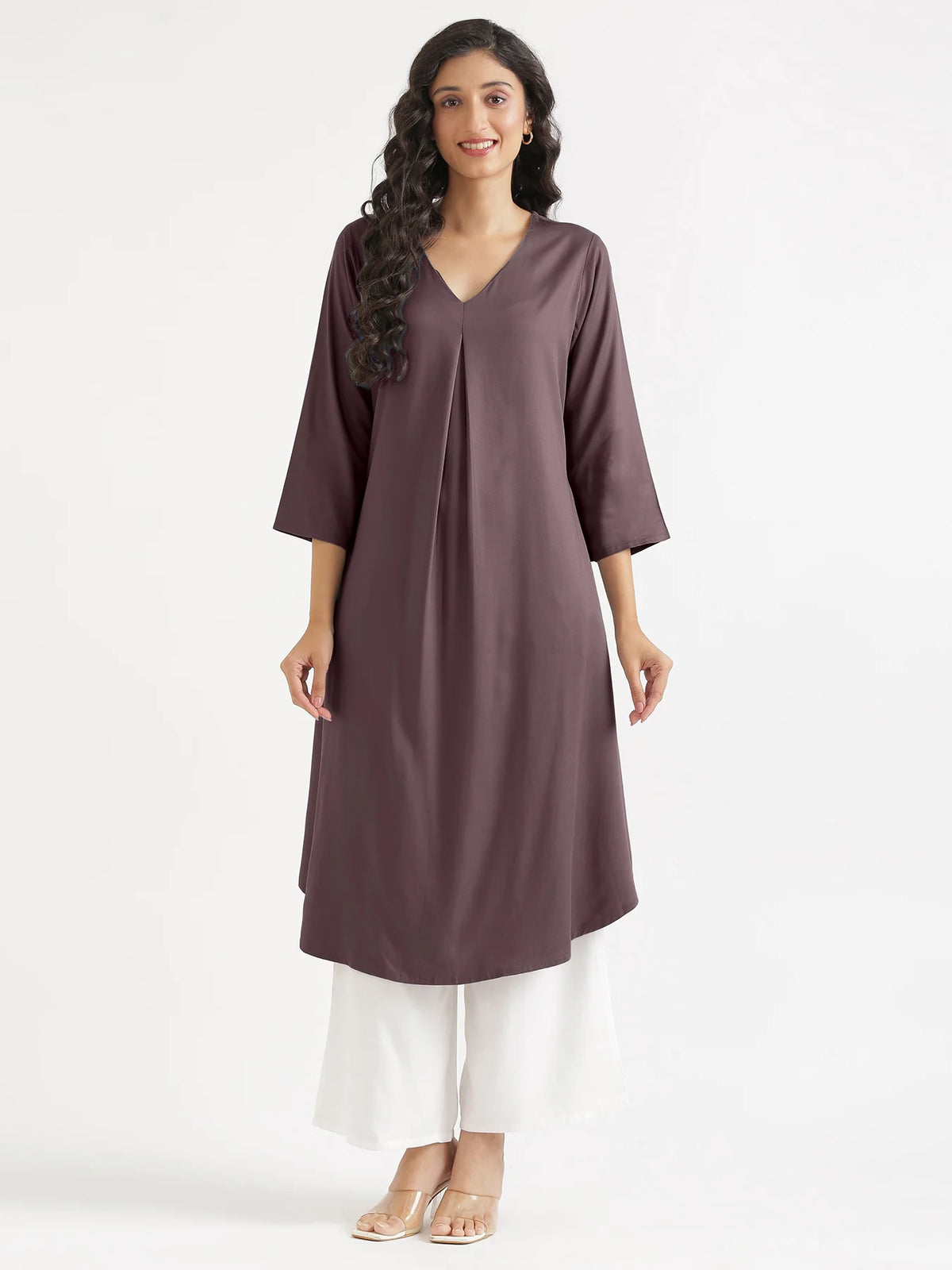 Women Brinjal Flowy Pleated Kurta