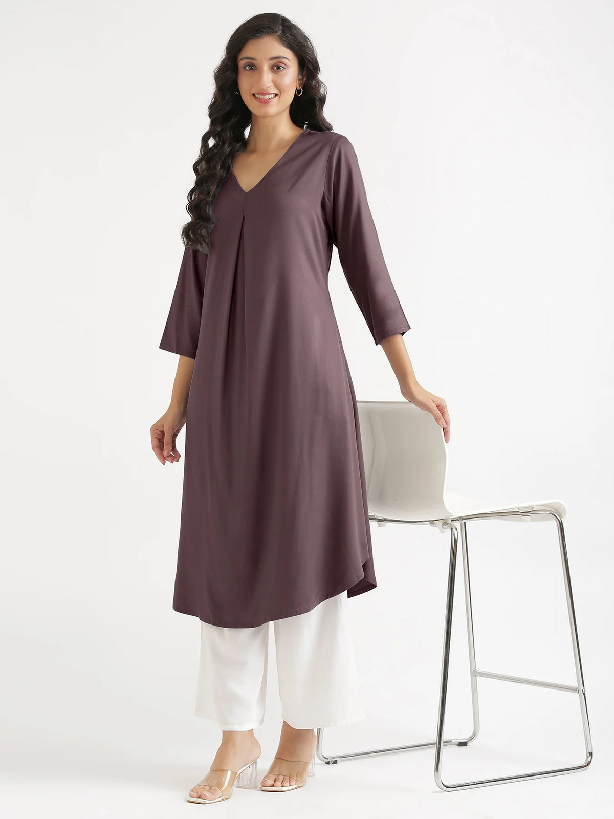Women Brinjal Flowy Pleated Kurta