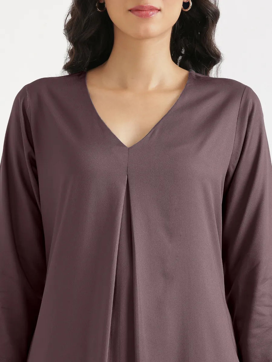Women Brinjal Flowy Pleated Kurta
