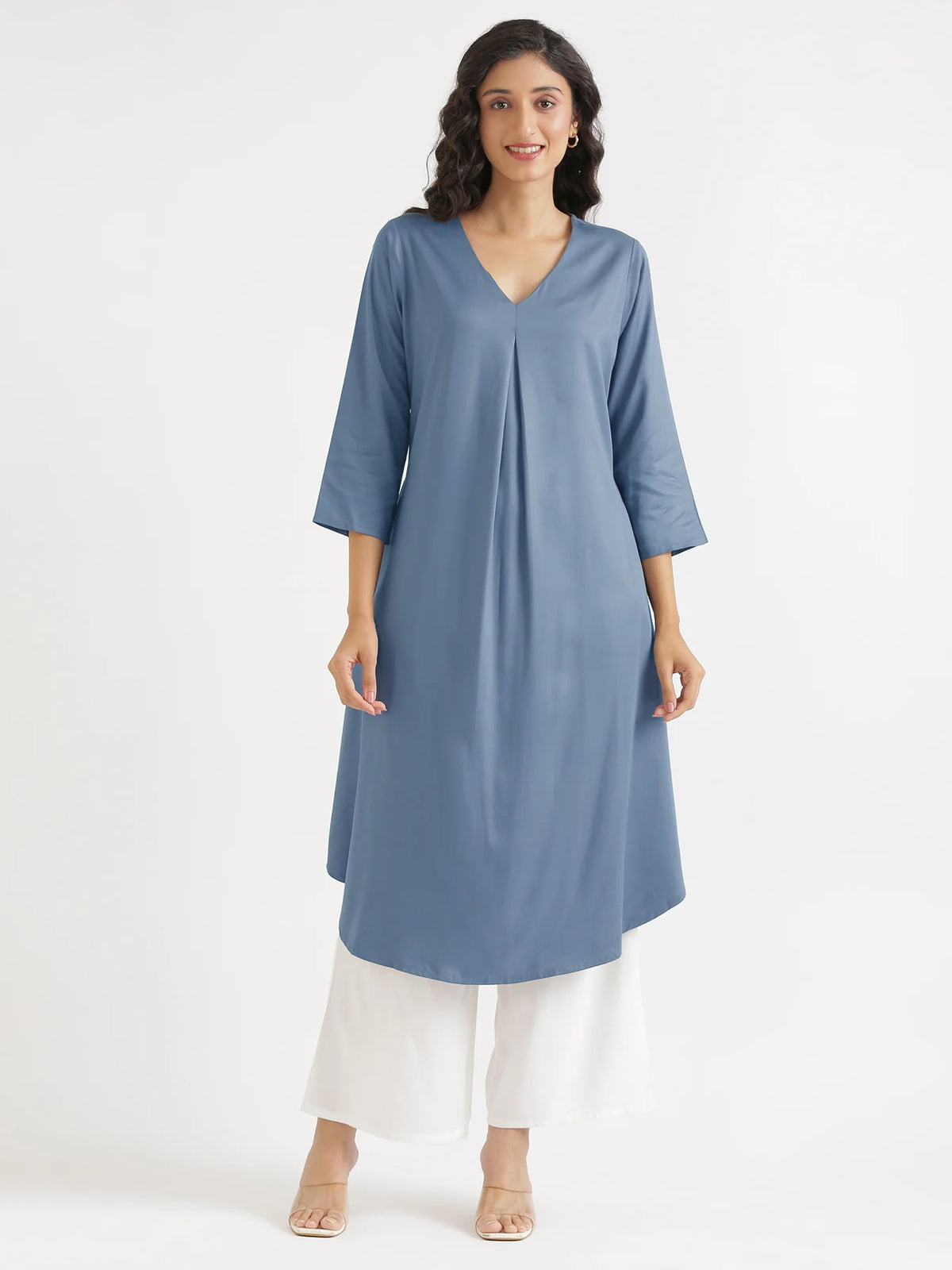 Women English Blue Flowy Pleated Kurta