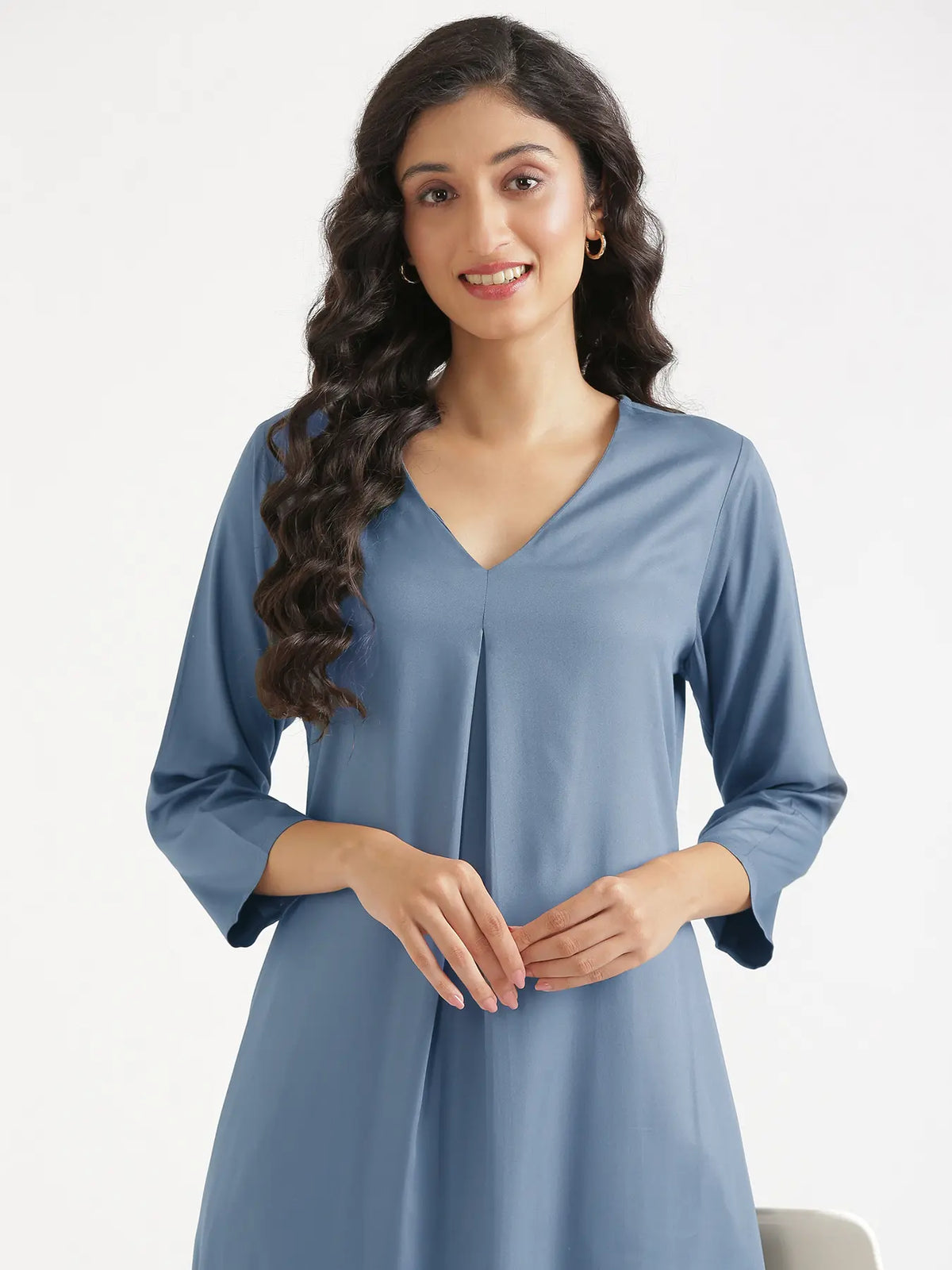 Women English Blue Flowy Pleated Kurta