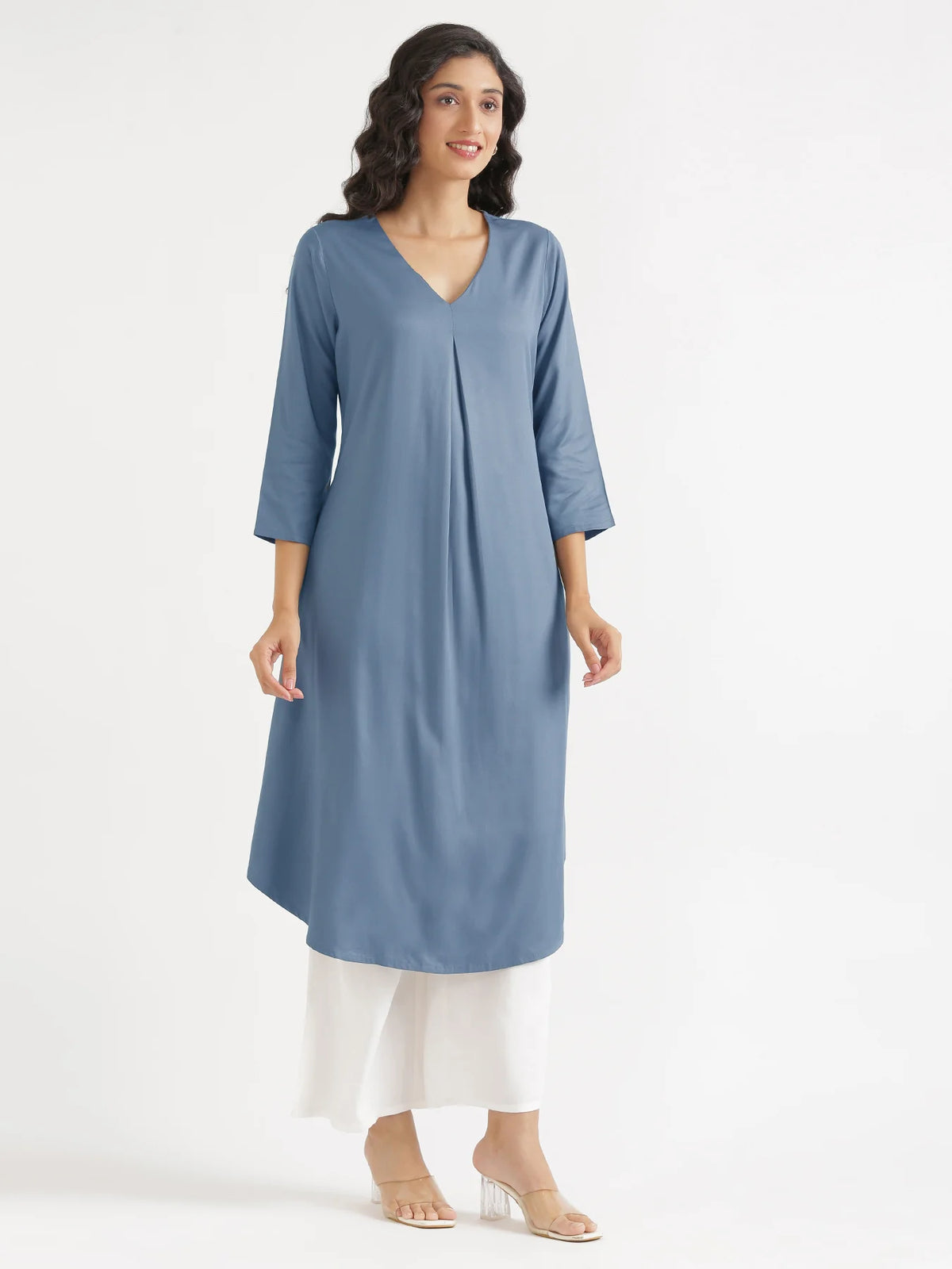 Women English Blue Flowy Pleated Kurta