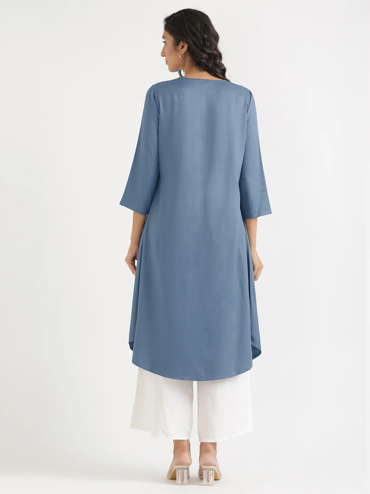 Women English Blue Flowy Pleated Kurta