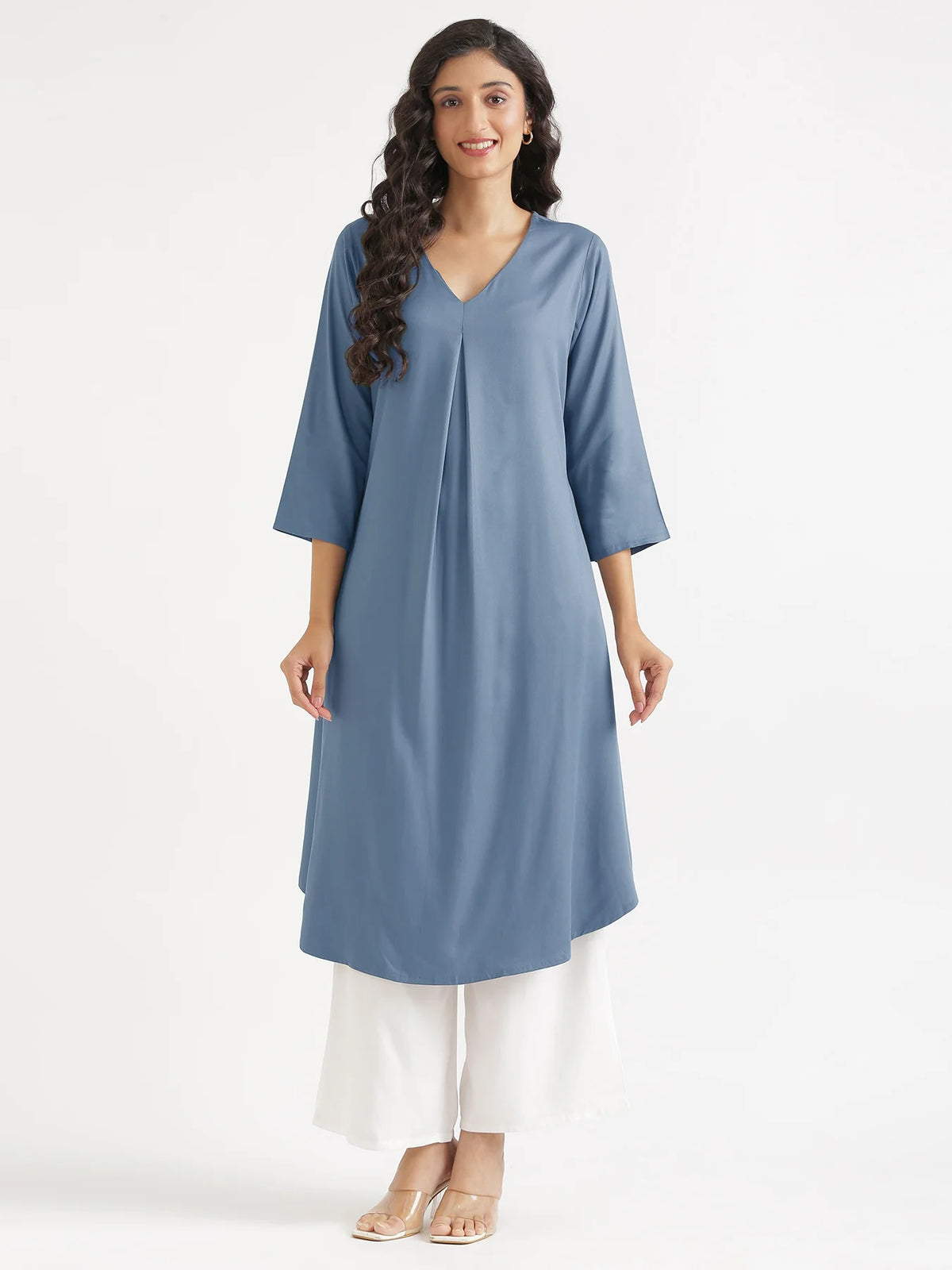 Women English Blue Flowy Pleated Kurta